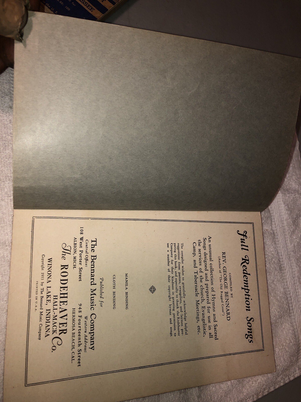 Full Redemption Songs, Rev. George Bennard 1933 The Rodeheaver Hall-Mack Co.