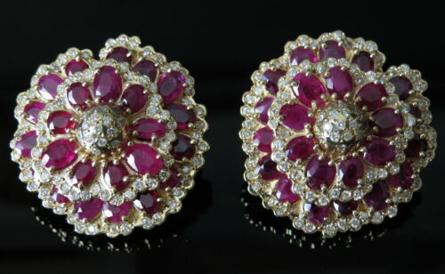 Designer 14K Yellow Gold Ruby Diamond Camelia FLOWER Floral HUGE Earrings 32mm - Picture 11 of 12