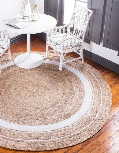 Modern Jute Rug Bordered Pattern Round Area Rug - Picture 1 of 12