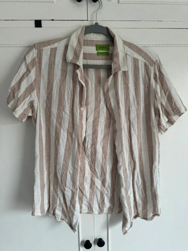 Gianni Feraud Beige Stripe Linen Camp Cuban Collar Summer Shirt Mens Slim Small