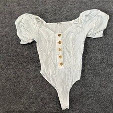 Free People Bodysuit Womens Size Medium White Puff Sleeve Gold Button Boho Chic