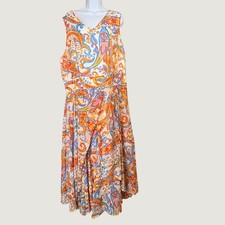 Jessica London Women 22W Maxi Dress Sleeveless Orange Blue Paisley Flyaway Lined