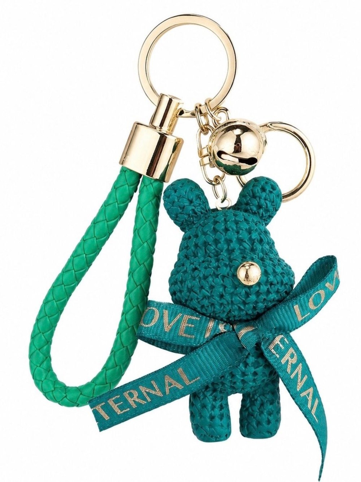 Cute Green Teddy Bear Keychain Charm Bag Charm with Eternal Love Ribbon