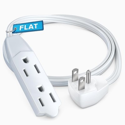 2 Ft Flat Plug Extension Cord 16 AWG 125V 13A 1625W Grounded 3Prong White