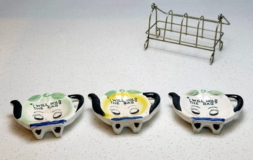 VTG Teapot Face Tea Bag Holders "I Will Hold the Bag" Set w/ Wire Rack - Picture 5 of 6