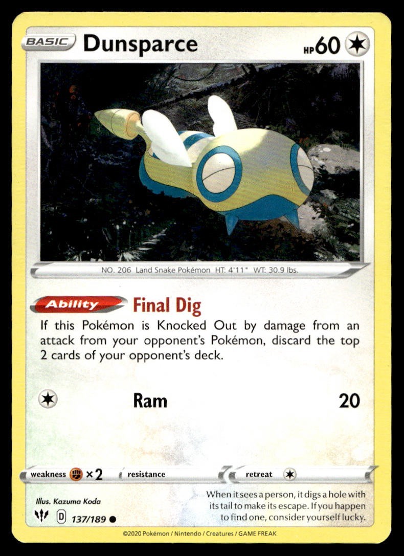 Dunsparce 137/189 Pokemon Card Darkness Ablaze Common 60 HP Lightly Played CB
