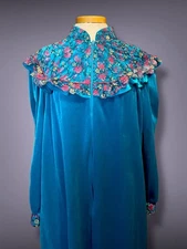 Vintage 1970’s Teal Blue Velour House Coat Dress w Multicolored Floral Lace