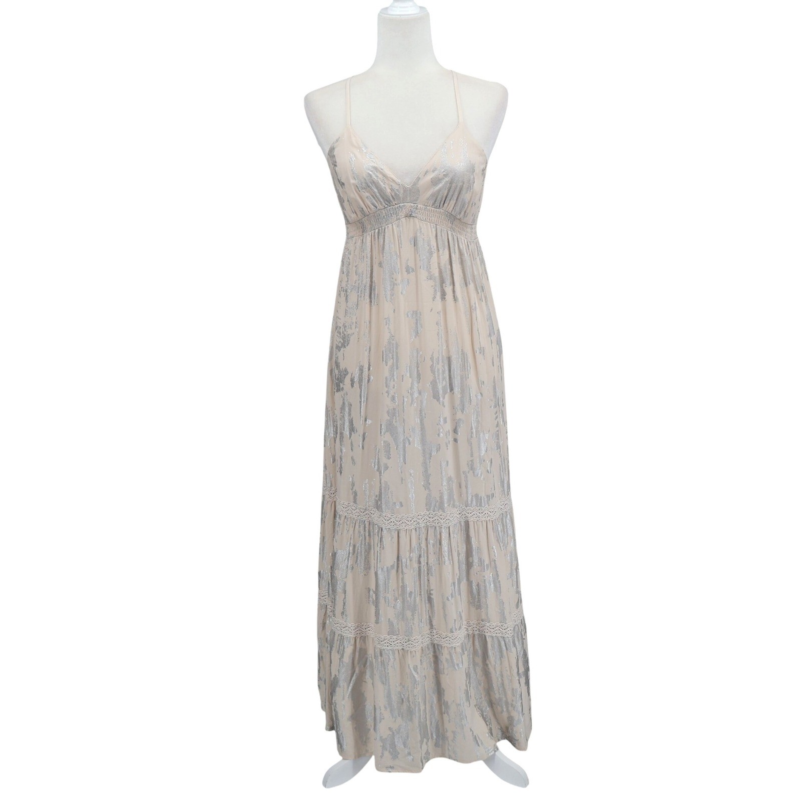 Mossimo Maxi Dress Womens M Cream Silver Boho Cottage Resort Tiered Metallic