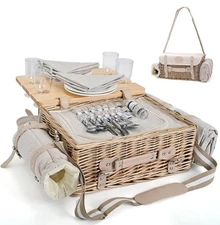 SatisInside Multifunctional Wicker Picnic Basket Set for 4