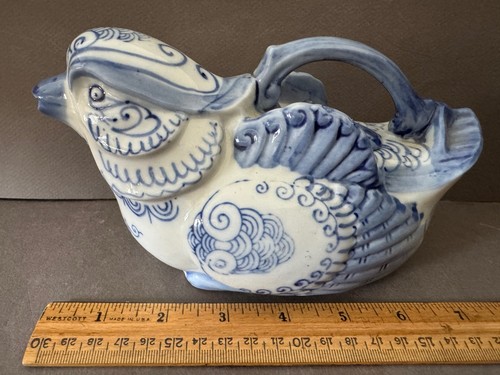 BLAU & WEISS CHINESISCHER PHOENIX NISTENDER VOGEL PORZELLAN TEEKANNE AUSGIESSER SIGNIERT VINTAGE