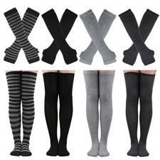 4 Sets Womens Long Striped Knee High Socks Knit Fingerless Arm Warmers for Ha...