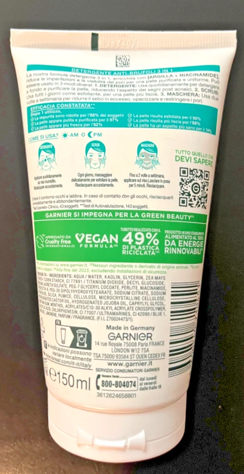 Garnier Skin Active Pure Active 3 in 1 Clay Wash Scrub Mask 150毫升 全新 包装 — 第 2/2 张图片