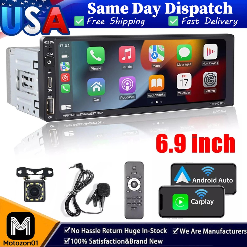 Single Din Car Stereo Wireless Apple CarPlay 6.9 Touchscreen