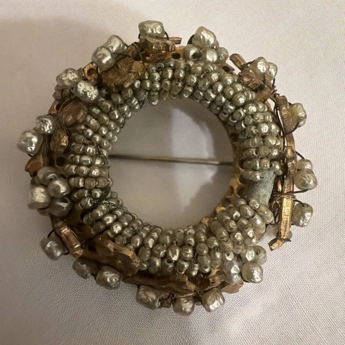 Vintage Miriam Haskell Brass Seed Pearl Wreath Brooch Pin Rare