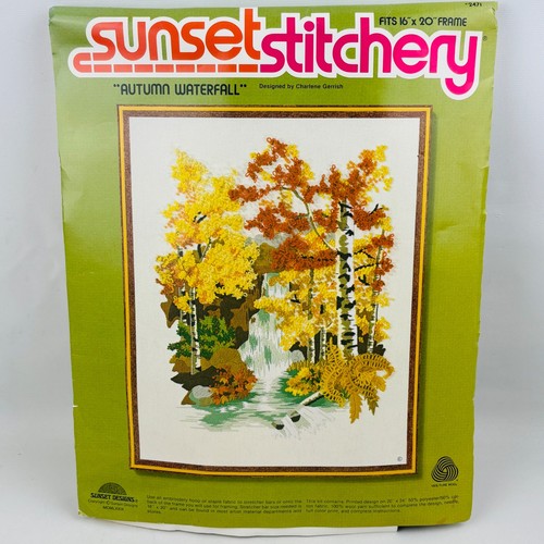 Sunset Stitchery Autumn Waterfall Crewel Embroidery Kit 2471 Open Complete 1979