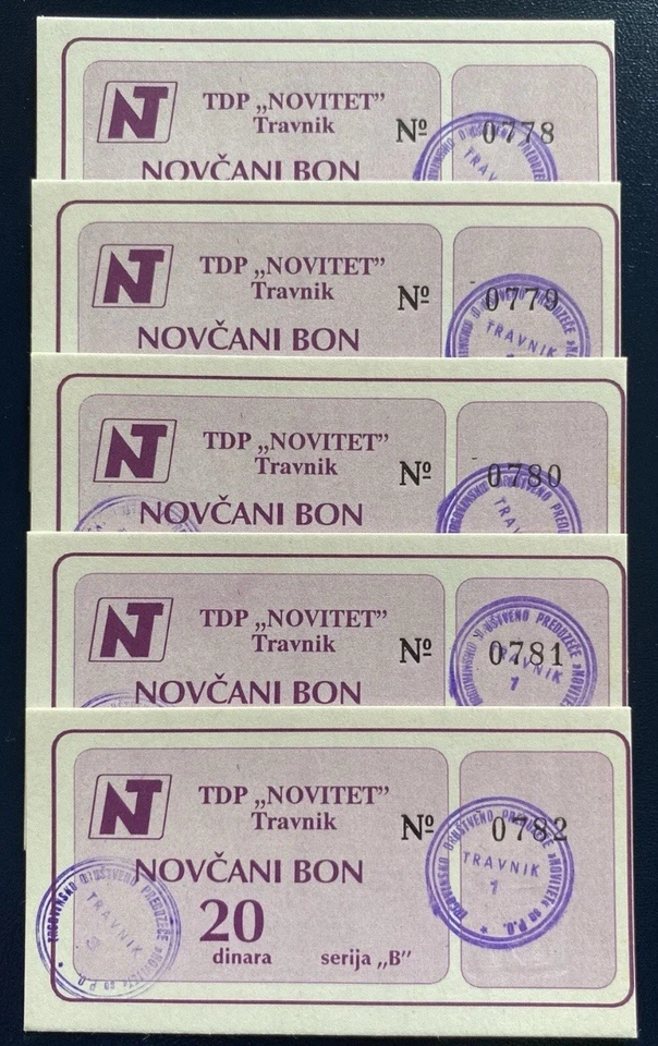 Bosnia, 5X20 dinara, voucher DTP "Novitet" city of Travnik, UNC - Image 3 of 3