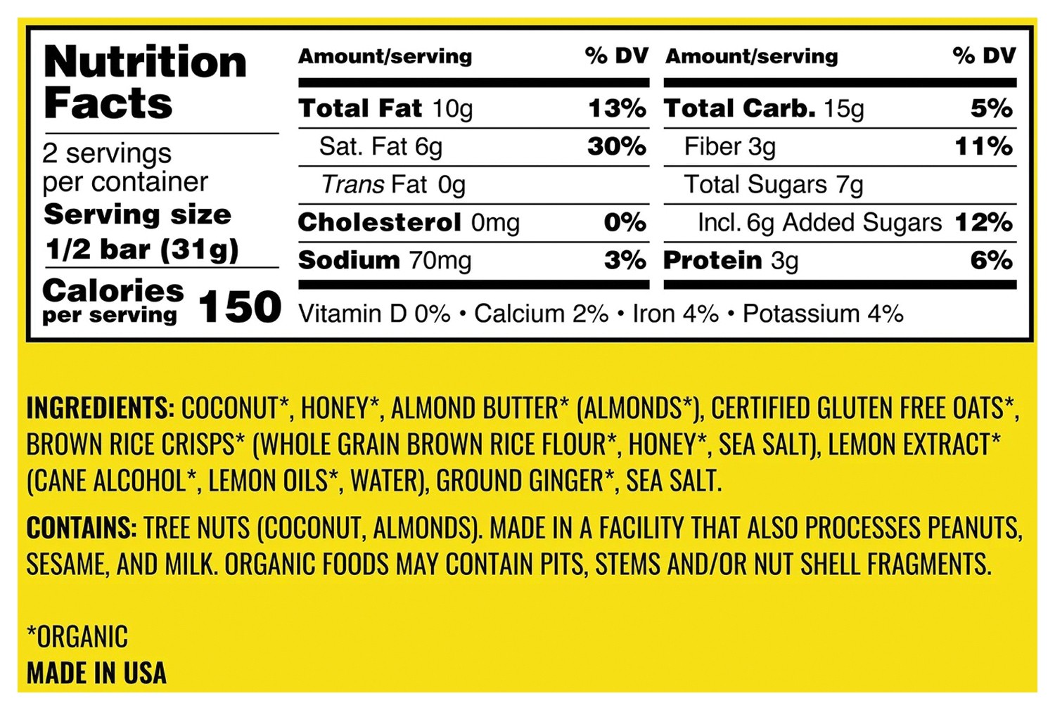 Kates Real Food LMN Coco Bar - Органический энергетический снэк без глютена для активных людей