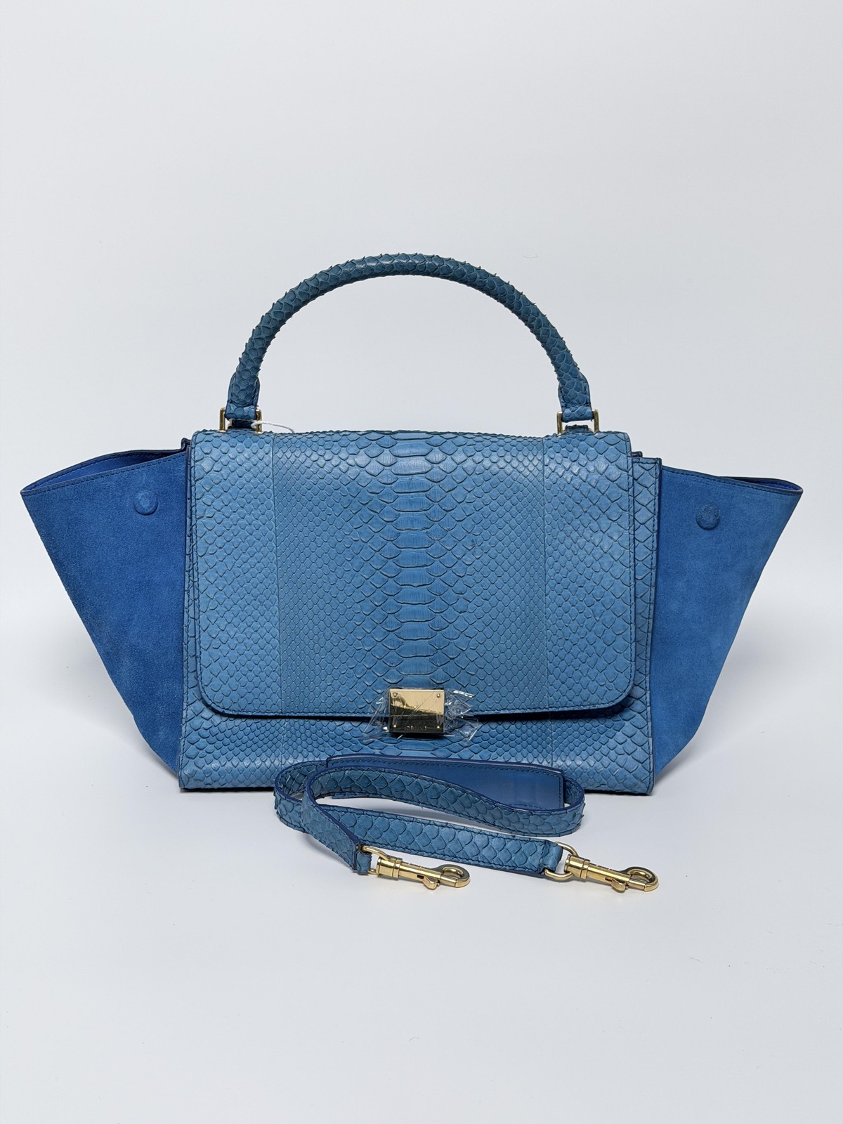 Celine Trapeze Python Handbag Blue Leather Handle… - image 1