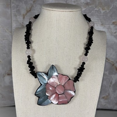 Vintage Karla Jordan Flower Necklace Black Pink Green Statement 18 