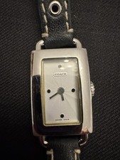 Coach Women's Silver Tone Tank Watch Black Leather Band