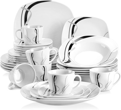Juego de vajilla 30 piezas para 6 personas platos blancos con rayas gris y negro