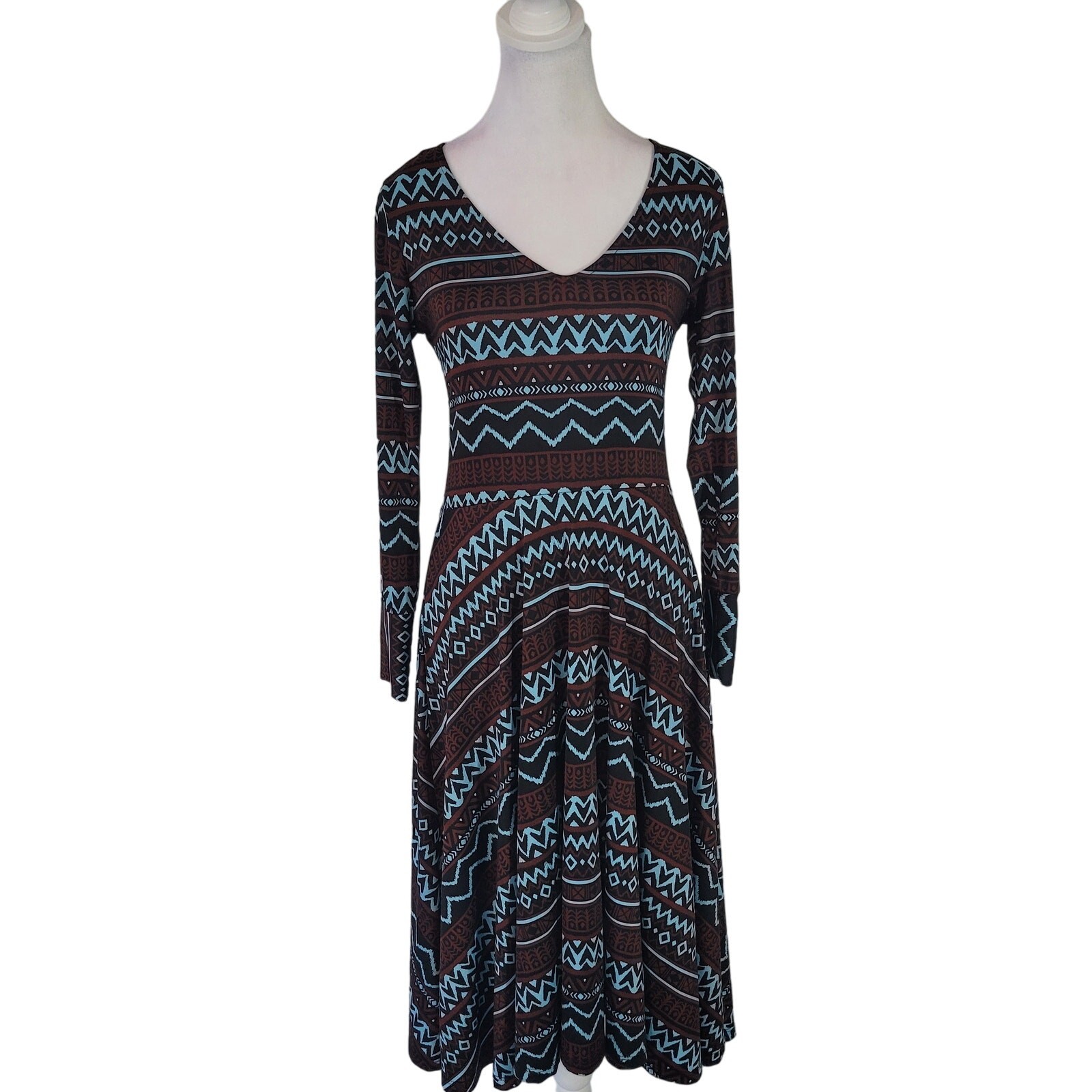Casa Lee Size M Long Sleeve Geometric Bodycon Midi Dress V-Neck Teal Brown