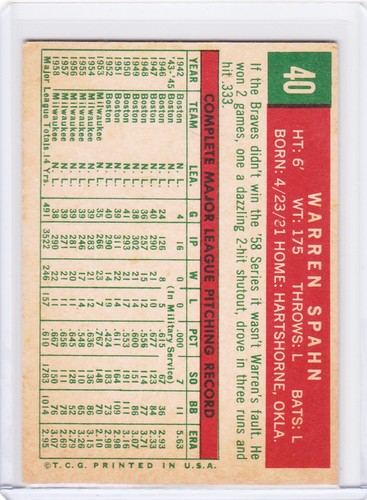 1959 Topps Baseball Card #40 Warren Spahn Milwaukee Braves DOB 1921 - Ex-ExMt - Picture 2 of 2