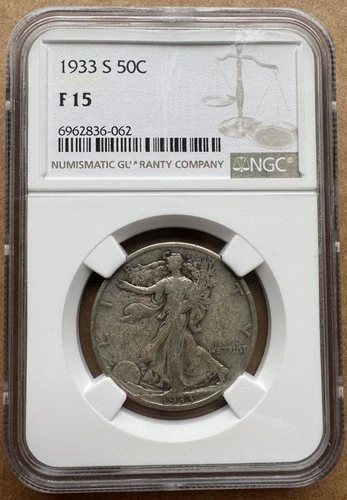 1933 S 50C NGC F 15 1933-S WALKING LIBERTY HALF DOLLAR SILVER 50c