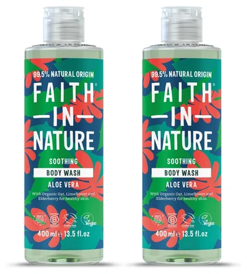 2 X 400ml Faith In Nature Natural Aloe Vera Soothing Body Wash, Vegan