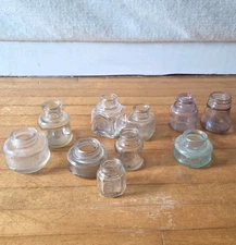 Lot of 10 Antique Glass INK BOTTLES  INKWELL Jars Includes Aqua & Purple 