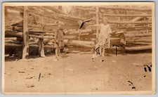 Vtg B&W Snapshot Two Children By Log Fence Outdoors 1940s