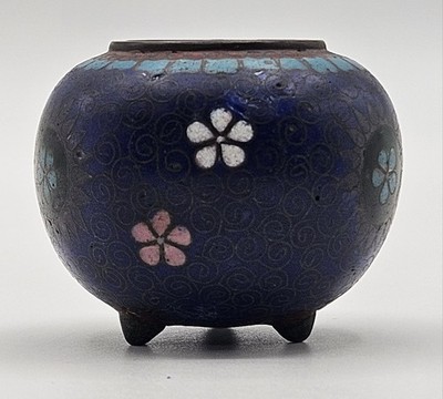 Meiji Period Cloisonne Pink White Sakura 2''W Censer Incense Burner Pot Tri-Foot
