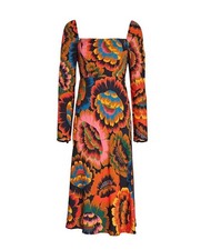 Farm Rio Colorful Flowers Long Sleeve Midi Dress Smocked Boho Tropical XS