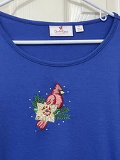 NWOT!! Quacker Factory RED CARDINAL Embroidered Tee Top, Long Sleeves, Sz LARGE