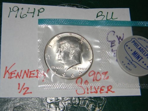 1964-P Kennedy Half Dollar (in mint cello) - Gem BU -- 90% Silver