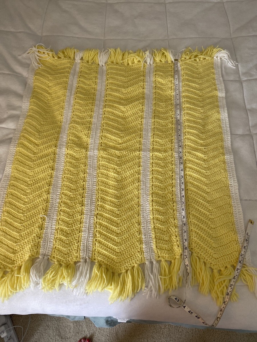 Crochet Afghan Afgan YELLOW WHITE With Fringe Baby Lap Blanket Throw 34x34