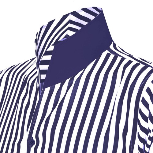 High Collar Navy White Stripe Buttonless Collar Cotton Shirt Mens Tall Open Neck - Picture 12 of 17