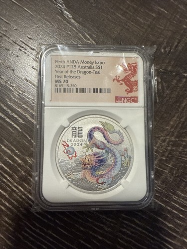 2024 Australia Lunar Dragon 1 oz Silver Colorized WHITE/TEAL Coin NGC MS70 FR