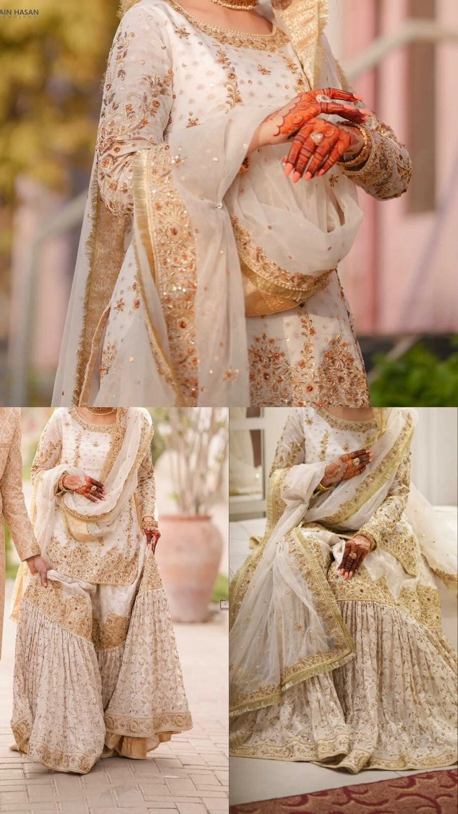OFF WHITE Abito da sposa tradizionale pakistano indiano asiatico bianco sporco pesante inc gioielli