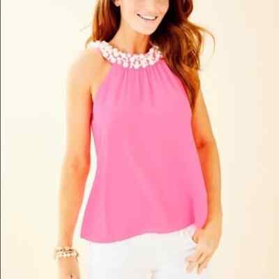 Lilly Pulitzer SHAWN TOP PINK TROPICS HALTER TOP PEARL NECKLINE TUNIC NWT