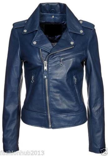Women's Real Leather Blue Jacket Genuine Soft Lambskin Moto Biker Stylish Jacket