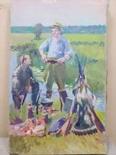 Picture Fisherman and hunter, oil paints on canvas.