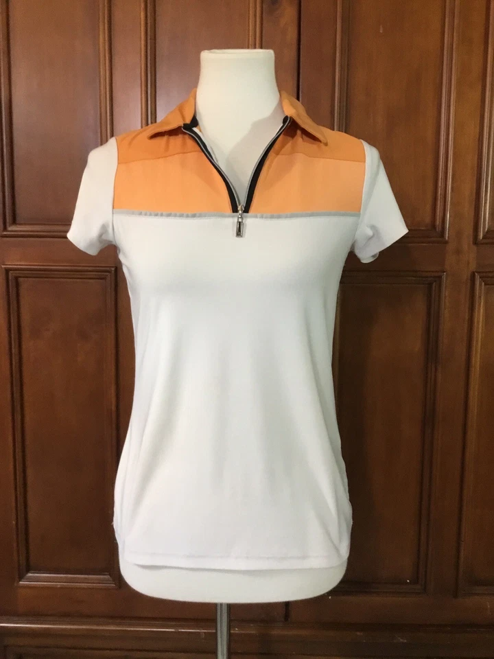 Camisa de golf izod Xfg para mujer XS naranja blanco gris 1/4 cremallera usada en excelente estado como en la foto” Foto 4 de 4