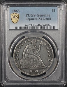 1863 Seated Liberty Dollar PCGS XF Details Repaired - Scarce, Low Mintage!