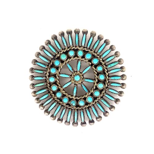 Vintage Southwestern Zuni Needle Point Turquoise, Sterling Silver Brooch Pin