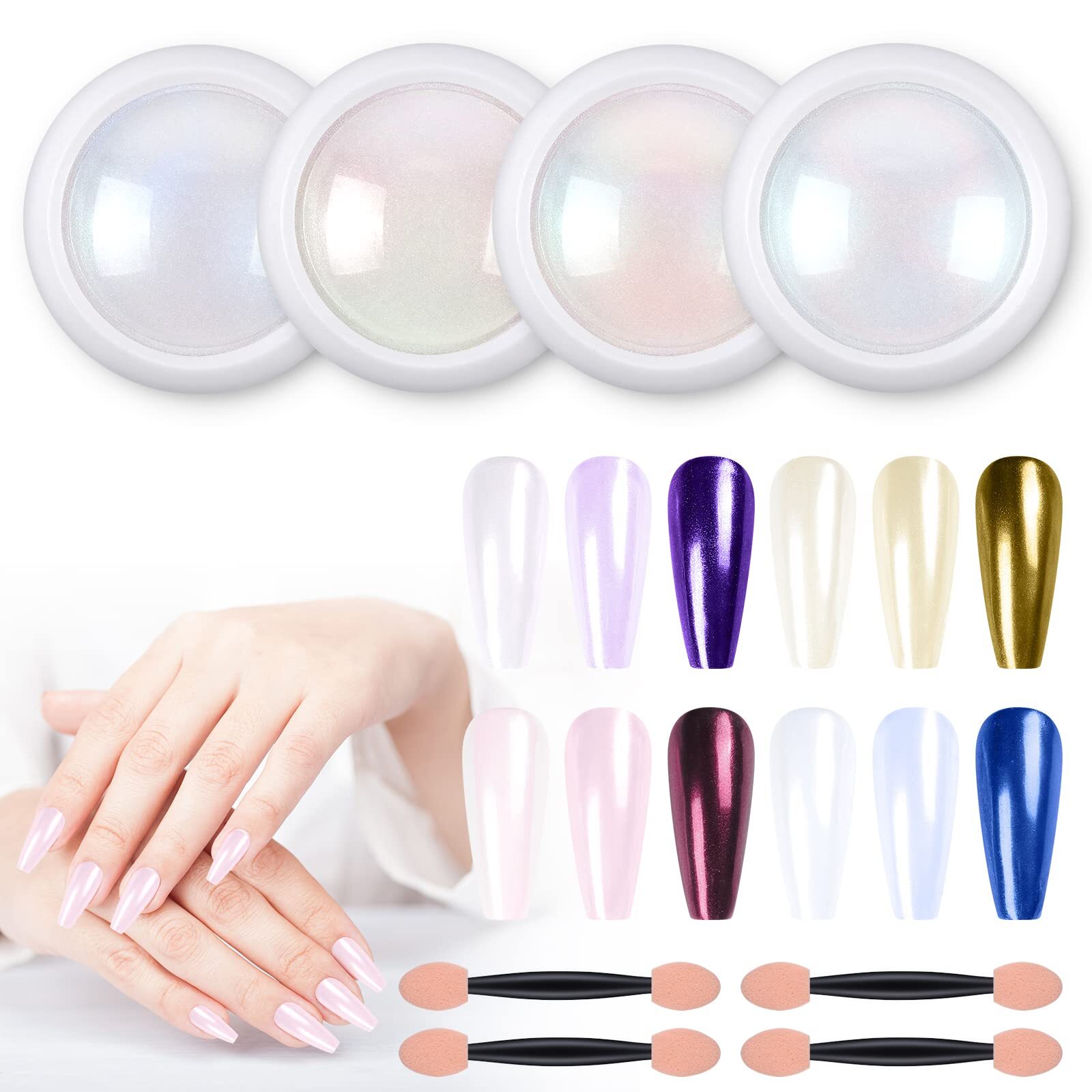 Chrome Nail Powder Set with 4 Jars Mirror and Iridescent Effects for Nail Art