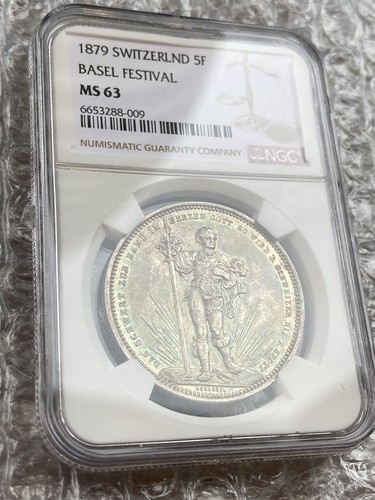 NGC MS63 1879 Swiss Switzerland Shooting Basel Festival 5F silver antique coin - Picture 3 of 11