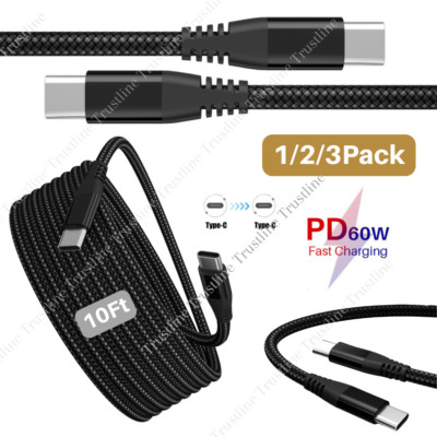 60W Braided USB-C to USB-C Cord PD Type C Fast Charger Lot For iPhone 15 Samsung