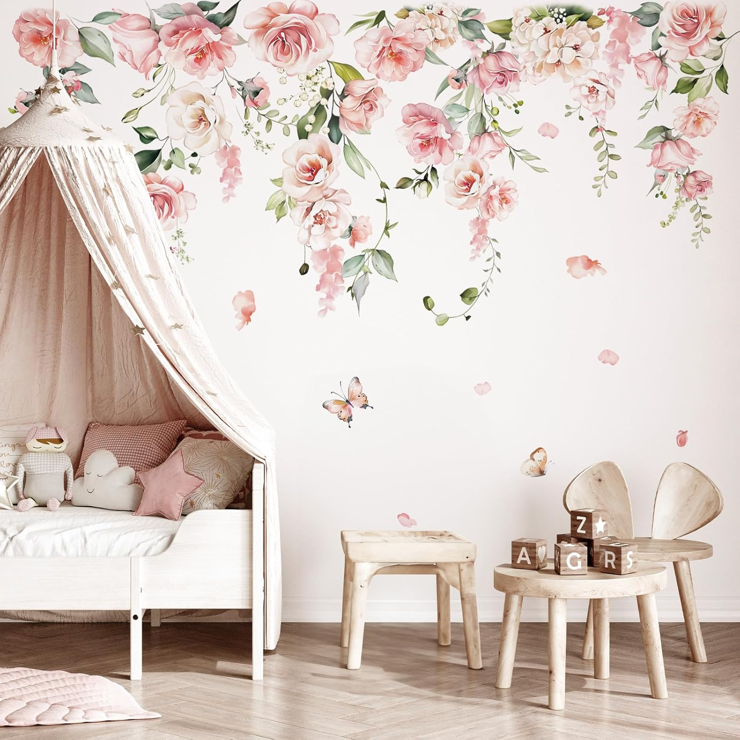 Spring Large Pink Flower Wall Decals Hanging Vine Floral Wall Stickers Baby Nurs