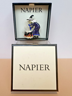 Napier Pin Brooch Silver Toned Enameled Halloween Witch w/ Cauldron